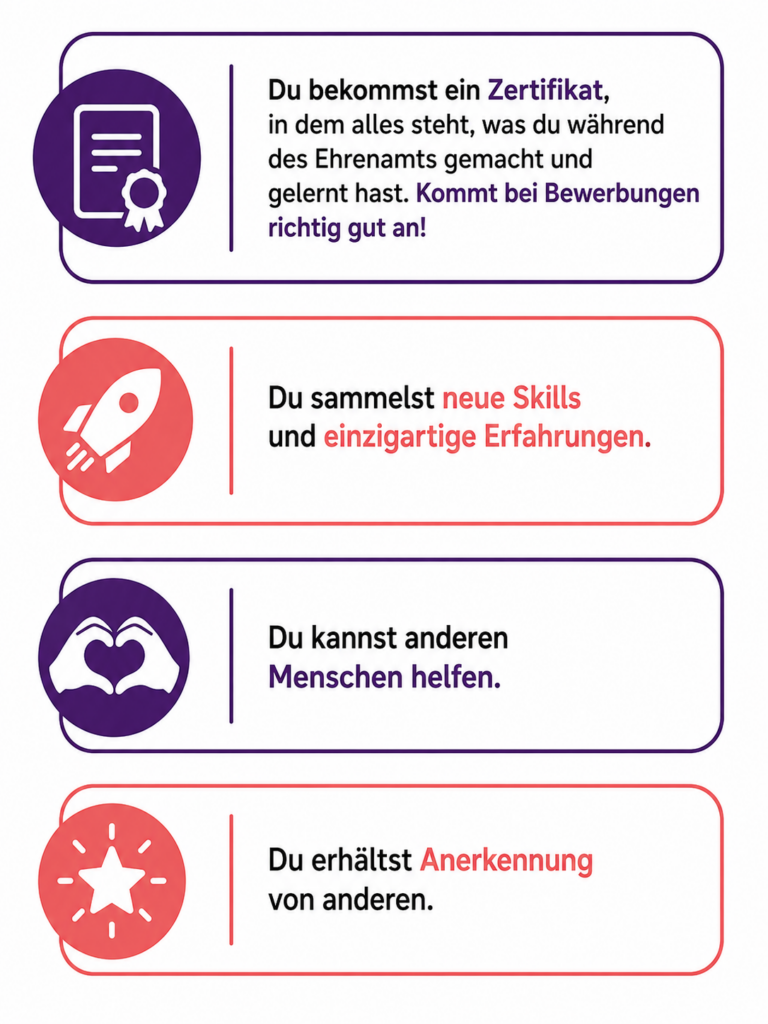 WAS HAST DU DAVON? • Du bekommst ein Zertifikat, in dem alles steht, was du während des Ehrenamts gemacht und gelernt hast. Kommt bei Bewerbungen richtig gut an! • Du sammelst neue Skills und einzigartige Erfahrungen. • Du kannst anderen Menschen helfen • Du erhältst Anerkennung von anderen.